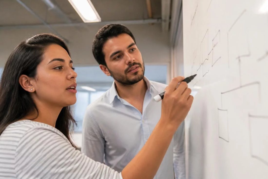 Dois alunos em pé diante do quadro branco, riscando a ordem em que o argumento será apresentado