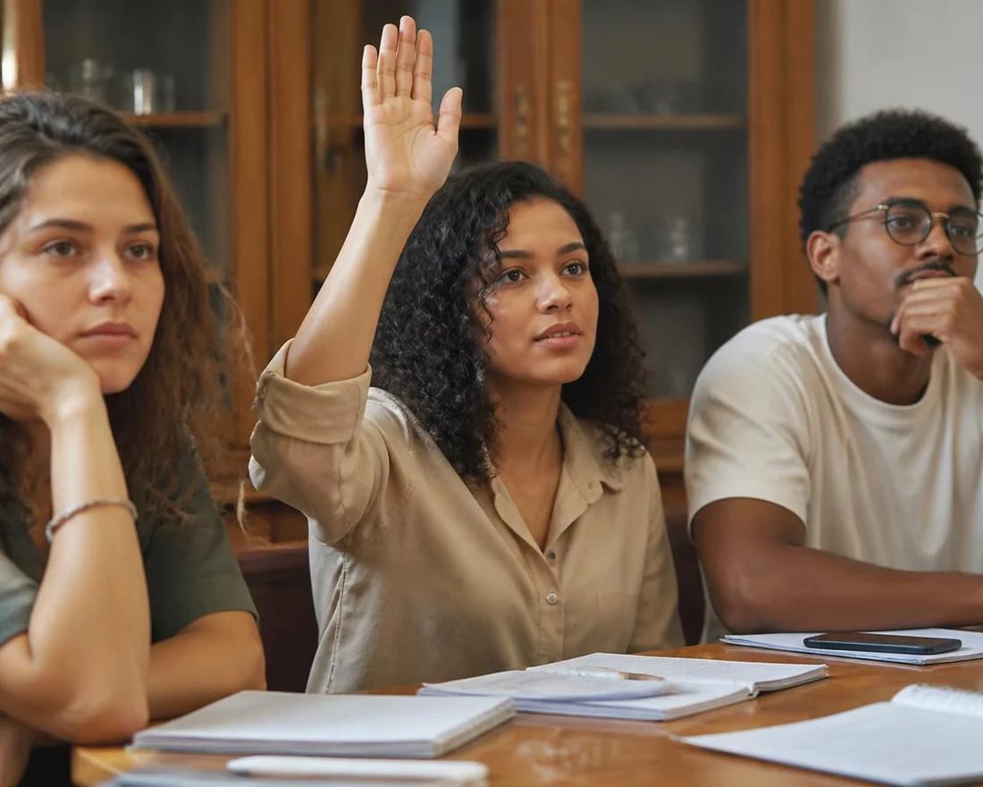 Roda de participantes; um deles repete em voz alta o argumento do colega antes de apresentar a réplica
